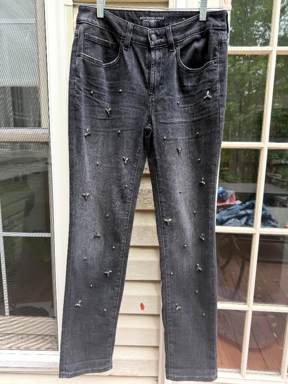Chico’s Women’s Boyfriend Ankle Black Jeans Embellished Beaded Sz 00T /US Sz 2T